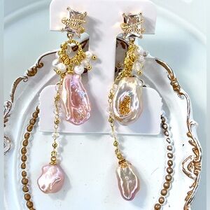 Handmade Freshwater Pink 🦄 Keshi Baroque Pearl Earrings S925 SS Crystal